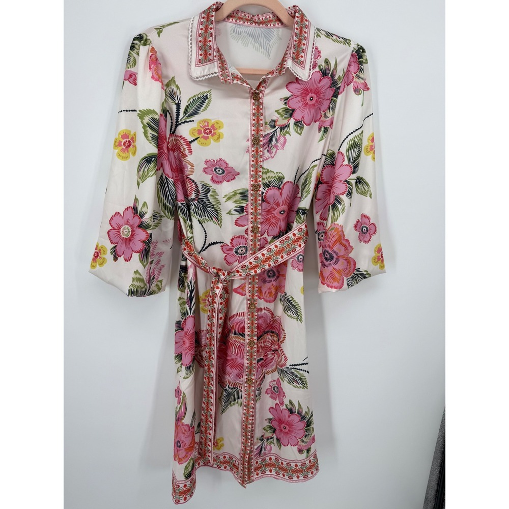 Floral Shirt‎ Dress Women S Pink Yellow Satin Balloon Sleeve Belted. Ottagecore